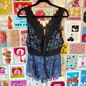 FREE PEOPLE black and blue lace floral tiered flowy top